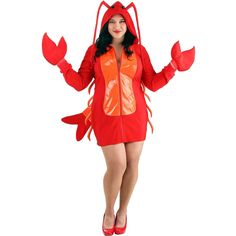 a woman in a red lobster costume is posing for the camera with her hands on her hips