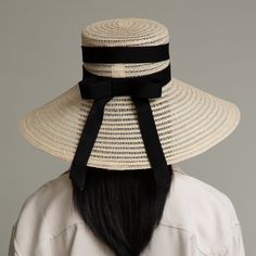 Natural open-weave hemp wide-brim sunhat with black satin ballet-strap ribbon and bow. SKU: 21015-03224 Derby Outfits, Eugenia Kim, Icon Collection, Open Weave, Wide Brimmed, Sophisticated Style, Sale Event, Black Satin, Sun Hats