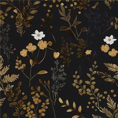 a black and gold floral wallpaper with white flowers on the left side, yellow leaves on the right