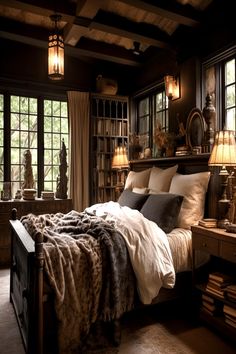 Warm and dark rustic bedroom with wooden beams, bookshelf, cozy bedding, and antique lighting fixtures. Rustic Cozy Bedroom Aesthetic, Dark And Dramatic Bedroom, Dark Bedroom Walls Cozy, Moody Bedroom With Fireplace, Rustic Dark Bedroom, Cabin Vibes Bedroom, Warm Guest Bedroom, Moody Rustic Bedroom, Warm Moody Bedroom