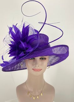 Fitted Purple Hat For Spring, Fitted Purple Hat With Short Brim, Fitted Purple Hat For Kentucky Derby, Purple Top Hat For Races, Fitted Purple Costume Hat With Short Brim, Purple Fitted Wide Brim Costume Hat, Purple Fitted Top Hat With Curved Brim, Fitted Purple Wide Brim Top Hat, Fitted Purple Top Hat For Spring