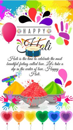 happy holi day with colorful balloons and confetti