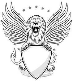 a lion with wings holding a shield