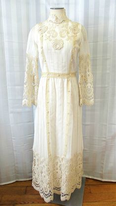 Vintage Wedding Gown Edwardian Style Dress 1960s off White - Etsy Cream Floor-length Dress For Vintage Events, Cream Vintage Dress For Wedding, Vintage Lace Work Dress For Ceremony, Vintage Beige Wedding Dress, Cream Vintage Floor-length Wedding Dress, Cream Floor-length Vintage Dress For Wedding, Cream Floor-length Vintage Wedding Dress, Spring Wedding Vintage Dress In Beige, Spring Wedding Vintage Beige Dress