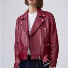 Acne Leather Jacket W Boxy Fit And Chunky Hardware. Slouchy Fit If You Wear Small/Medium Tops, Fitted If You Wear Medium/Large Tops. New With Tags. Bought In Italy And Never Worn. Out Of Stock Online! Retail Price $1500 Modern Red Outerwear For Fall, Modern Red Fall Outerwear, Trendy Red Leather Jacket For Work, Dark Red Leather Jacket, Acne Leather Jacket, Acne Jacket, Retro Jackets, Acne Studios Jacket, Retro Jacket