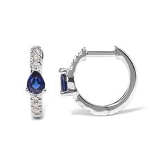 Indulge in the captivating allure of these exquisite 10K White Gold Huggy Hoop Earrings. Crafted with precision, these earrings feature a pear-shaped blue sapphire, radiating its mesmerizing hue. Adorned with a total of 12 dazzling round diamonds, these earrings offer a touch of elegance and sophistication. The diamonds, with a color grade of H-I, are set in a pave setting, enhancing their brilliance. The lever-back finding ensures a secure and comfortable fit. The sapphire gemstones, treated fo Blue Diamond Round Hoop Earrings, Fine Jewelry White Gold Hoop Earrings With Gemstone, Sapphire Hoop Earrings With Prong Setting, Blue Diamond Hoop Earrings, Elegant Sapphire Hoop Earrings With Prong Setting, White Gold Teardrop Huggie Earrings For Anniversary, Elegant Sapphire Hoop Earrings, Blue Diamond Hoop Earrings Fine Jewelry, Fine Jewelry Sapphire Hoop Earrings In White Gold