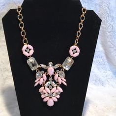 New Never Worn Charming Charlie Necklace Gold Chain With Pinks And Silver Rhinestone Costume Jewelry Rhinestone Pendant Necklace For Party, Pink Rhinestone Jeweled Necklace For Parties, Elegant Pink Metal Chain Necklace, Pink Jeweled Rhinestone Necklace For Party, Crystal Rhinestone Necklace With Adjustable Chain, Pink Necklace With Sparkling Stones For Party, Crystal Chain Necklace In Costume Jewelry Style, Costume Jewelry Crystal Chain Necklace, Elegant Pink Rhinestone Necklace With Sparkling Stones