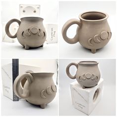 four pictures of different shapes and sizes of mugs with faces on them, including one for the cup