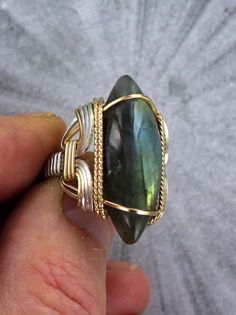 Large Labradorite Ring in Sterling Silver and 14kt Rolled Gold Made to Fit You Size 5 to 15 - Etsy Sculpted Jewelry, Copper Wire Art, Wire Jewelry Rings, Wrapping Jewelry, Wire Jewellery, Big Ring, Jewelry Board, Saint Joseph, Big Rings