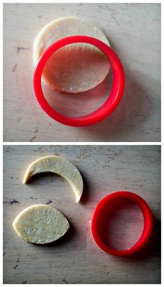 two pictures showing the process of making an apple slice ring with plastic rings on it