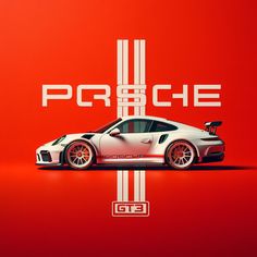 a white porsche sports car on a red background with the words porsche gt3 above it