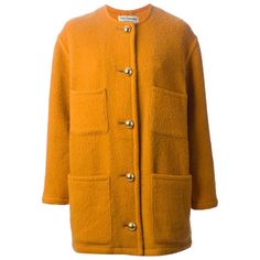 Guy Laroche sunflower unlined wool-mohair blend single breasted coat featuring a collarless design, a front button fastening, front pockets, long sleeves and gold-tone round buttons. (90%wool, 10%mohair) In good vintage condition. Made in France. Estimated size:38fr/US6 /UK10 We guarantee you will receive this iconic item as described and showed on photos. Chest 44 in. (112 cm) Length 30 in. (77cm) Sleeve length 22.4 in. (57cm) Fashion 1980s, Collarless Coat, Yellow Guy, Orange Coat, Long Sleeve Coat, Guy Laroche, French Fashion Designers, Single Breasted Coat, Long Sleeves Coats