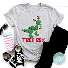 a t - shirt that says tree rex with a dinosaur on it and some sneakers