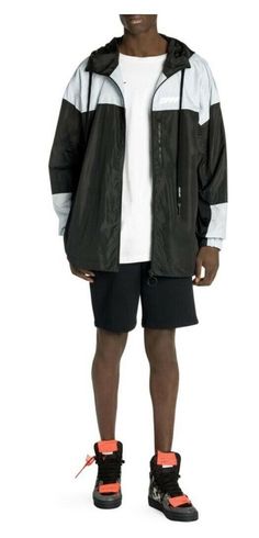 NWT Off-White c/o Virgil Abloh Two Tone Oversized Packable Windbreaker Black/Silver Size Small All Sales Final. No Returns or Exchanges White C, Virgil Abloh, Vest Jacket, Black Silver, Two Tone, Rain Jacket, Bomber Jacket, Mens Accessories, Off White