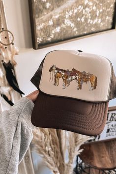 The cutest trucker we have made to date! If you are a horse lover you're gonna LOVE THIS ONE!   Printed on a foam trucker hat that's adjustable snap back Brown/Tan Adjustable Trucker Hat For Ranch, Country Style Trucker Hat For Ranch, One Size Trucker Hat For Western-themed Events, Western Brown Trucker Hat One Size, Brown Western Trucker Hat, Western Brown Trucker Hat, Western Style Brown Trucker Hat, Trucker Hat For Rodeo, One Size Fits Most, Brown Trucker Hat For Western-themed Events