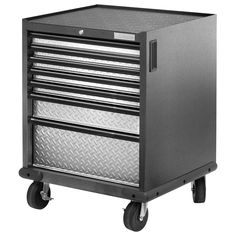 a metal tool box with drawers on wheels