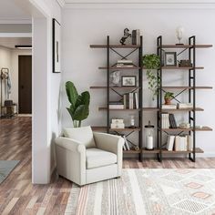 a living room filled with furniture and bookshelves