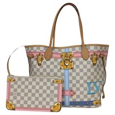 Louis Vuitton Damier Azur Summer Trunks Neverfull MM Tote Bag Made In: USA Year of Production: 2018 Color: White, grey, blue, pink, gold Hardware: Goldtone Materials: Coated canvas, vachetta leather trim Lining: Printed canvas Closure/Opening: Open top with center hook Exterior Pockets: None Interior Pockets: Wall zip pocket, detachable pouch Exterior Condition: Excellent Interior Condition: Excellent with the exception of a light wear to vachetta leather trim Includes: Louis Vuitton dustbag  Measurements: MM 12.25"L x 11"H x 5.5"D Strap Drop: 7.5" Louis Vuitton Damier Azur, Neverfull Mm, Damier Azur, Printed Canvas, Open Top, Grey Blue, Leather Trim, Pink Gold, Fashion Handbags