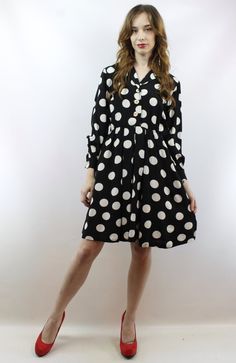 Vintage 90s Black + White Polka Dot Mini Dress XS S Polka Dot Dress Day Dress Work Dress 90s Babydol Retro Polka Dot Dress For Work, Retro Polka Dot Workwear Dresses, Vintage Polka Dot Mini Dress, Vintage Mini Dress In Polka Dot, Polka Dot Long Sleeve Dresses For Daywear, Vintage Polka Dot Long Sleeve Dresses, Vintage Long Sleeve Polka Dot Dress, Black Retro Daywear Dress, Black Retro Dress For Daywear