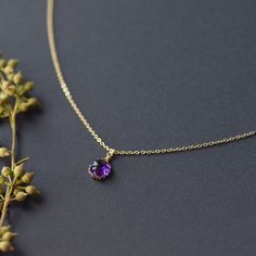 Handmade item Materials: 14k Gold Filled Gemstone: Lab Amethyst Jewelry type: Necklace Style:  Minimalist Description *Necklace Length : 12inches/14inches/16inches/18inches/20inches/22inches *Pendant Dimensions : 8mm *Chain Thickness : 1.3mm UNIQUE: Each piece is made entirely by hand. Due to the nature of the materials used, with their varying grains and colors, no two pieces will look exactly the same. Every piece is absolutely unique. 🌻Tips on Caring for Jewelry: - If you want your jewelry t Delicate Amethyst Chain Necklace As A Gift, Delicate Amethyst Chain Necklace For Gift, Amethyst Necklace With Delicate Chain For Gift, Dainty Amethyst Crystal Necklace For Gift, Dainty Briolette Crystal Necklaces As Gifts, Amethyst Jewelry Necklace, Stone Store, Women Healing, Gold Necklace For Women