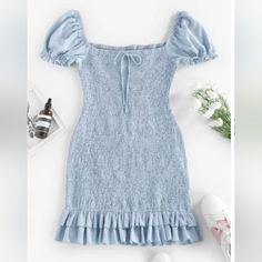 Nwt Powder Blue Smocked Ruffle Off The Shoulder Summer Mini Bodycon Dress Color: Powder Blue Size: Large Condition: New In Package Blue Smocked Mini Dress With Ruffles, Blue Mini Smocked Dress With Ruffles, Blue Smocked Dress With Puff Sleeves And Ruffles, Light Blue Casual Mini Dress With Ruffle Hem, Casual Blue Smocked Dress With Ruffles, Casual Fitted Smocked Dress With Ruffles, Fitted Casual Smocked Dress With Ruffles, Blue Smocked Dress With Ruffle Hem For Brunch, Blue Casual Smocked Dress With Ruffle Hem