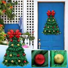 a christmas tree made out of green mesh and red poinsettis on the front door