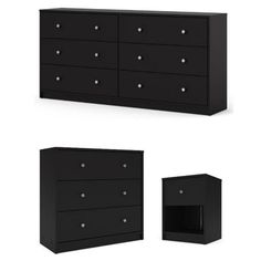 three black dressers with drawers on each side and an open drawer in the middle