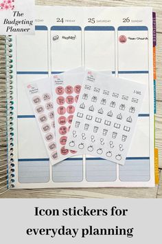 three planner pages with the text icon stickers for everyday planning on them and an image of