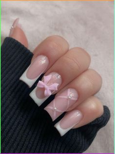 nails, coquette, bow, pearls, white french Nail Inspo 2024 French Tips, Acrylic Nail Designs Rhinestones, Nail Inspired Square, Medium Acrylic Nails Pink, Nail Ideas For 10 Yr, Nails With Pink Rhinestones, Cute Medium Length Nails, Back Nails, Corset Nails