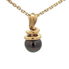 "Black Cultured Akoya Pearl Drop Pendant ~  14k Yellow Gold ~ Swirled Bail ~ ET1514 Chain is not included Metal Content: Solid  14k Yellow Gold Cultured Black Akoya Pearl: 8.25mm  Pendant Measurements Length:  3/4\" (19mm) Width:  5/16\" (8mm) Bail opening: 4mm x 3mm Weight:  2.14 Grams Stamps: 14K Condition: Very Good Estate- Some natural tiny divots noted on surface of pearl on back and sides.   Each piece is thoroughly examined and refinished as needed by our professional jewelers, tested to Elegant Spiral Jewelry For Formal Occasions, Elegant Yellow Gold Spiral Necklace, Elegant Black Spiral Jewelry, Classic Spiral Jewelry For Formal Occasions, Pearl Drop Pendant, Akoya Pearls, Black Culture, Drop Pendant, Pearl Drop