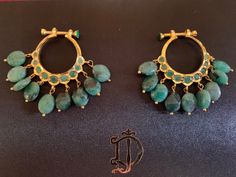 chandbali earrings Made using natural emerald beads and stones 22ct gold plated Chandbali Earrings Gold, Gold Chandbali, Chand Bali, Jewel Design, Kundan Jewellery Bridal, Gold Jewelry Outfits, Jewellery Bridal, Pearl Necklace Designs, Chandbali Earrings