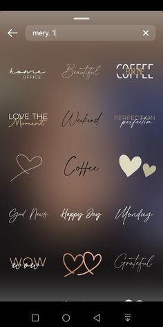 the keyboard screen shows different types of writing on it, including coffee and hearts with words