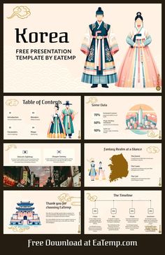 the korean traditional dress powerpoint presentation is shown in this image, it shows different colors and