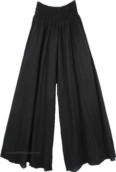 A pair of palazzo pants in black that you can wear in every season, these pants are extremely comfortable and are made of light weight fabric. The bottom of the pants is very wide, which gives it a flow and a feminine look as you walk. These pants have pin tuck details at the bottom near the hemline. Perfect for summer evenings out with friends, you can simply wear these casual wide leg pants with a solid top of any color you like according to the occasion. Wear some jewelry to enhance your bohe Black Wide Leg Full-length Pants With Relaxed Fit, Chic Black Baggy Wide Leg Pants, Black Baggy Wide Leg Pants, Black Harem Pants With Elastic Waistband For Spring, Chic Black Harem Pants With Relaxed Fit, Loosely Fitted Black Harem Pants For Summer, Black Wide Leg Pants For Spring, Black Wide Leg Pants For Summer, Black Wide-leg Leather Pants