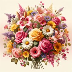 a bouquet of colorful flowers on a white background with pink, yellow and purple colors