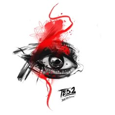 an eye with red paint splatters on it and the words tesb written in black