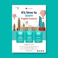 an english lesson flyer with hot air balloons