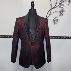 This Blazer Features A Beautiful Metallic Floral Pattern, 100% Polyester Fabric, With Front Button Closure. Red Luxury Blazer For Formal Occasions, Luxury Red Blazer For Formal Occasions, Luxury Red Formal Blazer, Luxury Red Blazer For Parties, Red Festive Semi-formal Blazer, Luxury Red Evening Suits, Red Tailored Evening Blazer, Tailored Red Evening Blazer, Elegant Red Formal Suit