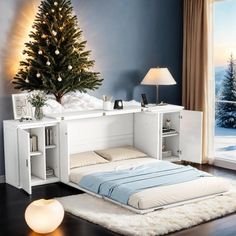 a bedroom with a christmas tree in the corner