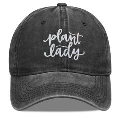 a black hat with the words plant lady written in white ink on it's front