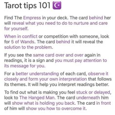 a text message that reads tarot tips 101