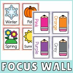 four different posters with the words focus wall on them and an image of flowers, pumpkins, snowflakes