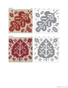 three cross stitch designs, one with red and white flowers on it's sides