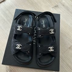 Chanel Canvas, Dad Sandals, Shoes Chanel, Canvas Sandals, Quilted Pattern, Cc Logo, Chanel Shoes, Sandals Black, Black Sandals