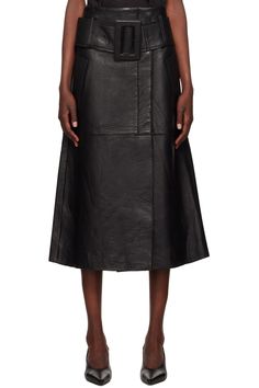 REMAIN Birger Christensen: Black Bonded Leather Midi Skirt | SSENSE Black Leather Skirt With Pockets, Chic Leather Skirt With Belt Loops, Fitted Leather Belted Skirt, Leather Skirt With Belt Loops For Fall, Birger Christensen, Leather Midi Skirt, Belt Buckles, Midi Skirt, Skirt