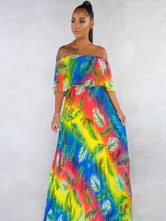 Material: Polyester & Chiffon. Breathable. Lightweight. Soft-touch. and comfortable to wear. Feature: Sexy Off Shoulder. Sleeveless. Tie Dye Ombre Color Block. Full Length. Loose Fit. Pleated. Ruffle. Flowy Swing Summer Beach Maxi Dress. Occasions: Perfect for Casual. Daily wear. Vacation. Wedding. Office. Summer. Beach. Trip. Bridesmaid. Party. Cocktail. and Date. The unique design will make you be more beautiful and fashionable and elegant. Size Chart:Note:1. The size chart is for reference only. There may be a 1-2 cm deviation in different sizes.2. Color may be lighter or darker due to the different PC displays.3. There may be a slight difference in detail and pattern. Multicolor Printed Chiffon Maxi Dress, Strapless Stretch Maxi Dress For Vacation, Stretch Strapless Maxi Dress For Vacation, Multicolor Stretch Dresses For Beach Season, Non-stretch Multicolor Floral Print Maxi Dress, Multicolor Chiffon Summer Dress, Casual Multicolor Chiffon Maxi Dress, Casual Strapless Chiffon Dress, Off-shoulder Chiffon Maxi Dress For The Beach