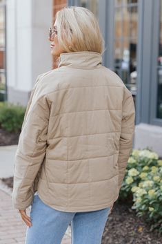 Bundle up in style with the Taupe Zip Up Puffer Jacket, a must-have for staying cozy and on-trend during chilly weather! The zip up front allows for easy layering and practical wear, making it ideal for everyday outings. Made from soft puffer material, this jacket provides ultimate comfort while keeping you insulated against the cold. Style with jeans, ankle booties, and matching accessories to complete the look. Fall Quilted Outerwear For Outdoor Activities, Solid Quilted Jacket For Outdoor Fall Use, Solid Quilted Jacket For Outdoor Fall Season, Solid Quilted Jacket For Outdoor Fall Activities, Everyday Winter Quilted Jacket With Pockets, Solid Color Quilted Jacket For Outdoor Fall Use, Everyday Winter Outerwear With Fleece Lining, Fall Puffer Jacket For Outdoor Activities, Winter Utility Jacket Versatile Style