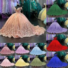 many different colors of dresses on display in a store with lots of gowns behind them