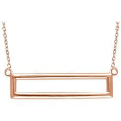 A sleek contemporary design with a geometric flair that will keep you at the forefront of fashion! This polished 14k rose gold necklace features an open rectangular pendant and attached 1.1mm cable chain finished with a spring ring clasp that is adjustable in length from 16 to 18 inches. The pendant measures approximately 7mm (1/4 inch) in length by 29mm (1 1/8 inch) in width. Space Necklace, Rectangle Necklace, 14k Yellow Gold Necklace, Bow Jewelry, Jewelry Companies, Rose Gold Necklace, Black Bow, Bar Necklace, Minimalist Jewelry