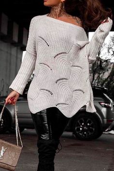 Details: Material:Knitting Sleeve:Long sleeve SIZE US/CAN BUST WAIST HIPS S 2-4 33"-34" 26"-27" 36"-37" M 6-8 35"-36" 28"-29" 38"-39" L 10-12 37"-39" 30"-32" 40"-42" XL 12-14 40"-42" 33"-35" 43"-45" Pointelle Knit Long Sleeve Sweater With Relaxed Fit, Long Sleeve Pointelle Knit Sweater With Relaxed Fit, Relaxed Fit Pointelle Knit Long Sleeve Sweater, Relaxed Fit Long Sleeve Pointelle Knit Sweater, Trendy Knitted Long Sleeve Sweater, Trendy Long Sleeve Knitted Sweater, Gray Long Sleeve Knit Sweater, Casual Long Sleeve Stretch Knit Top, Stretch Knit Sweater With Batwing Sleeve